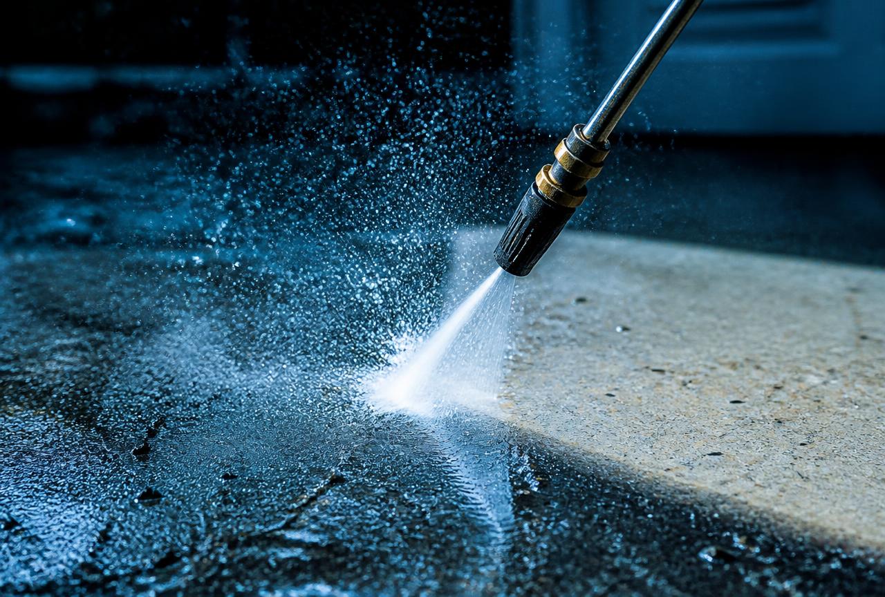 Pressure washer cleaning a hard outdoor surface